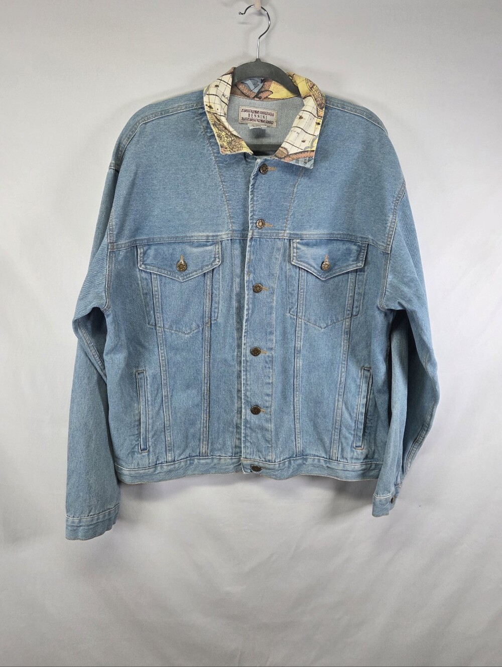 Vintage Denim Jacket Bennini Med Cotton made in USA Map Atlas Travel Oversized